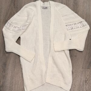 Dex Cream Open-Front Crochet Sleeve Cardigan